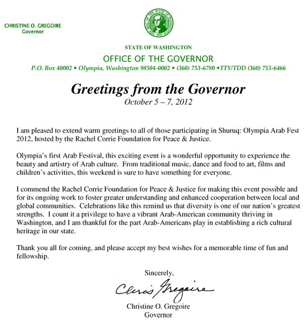 Governor Gregoire Sends Warm Greetings To Arab Fest