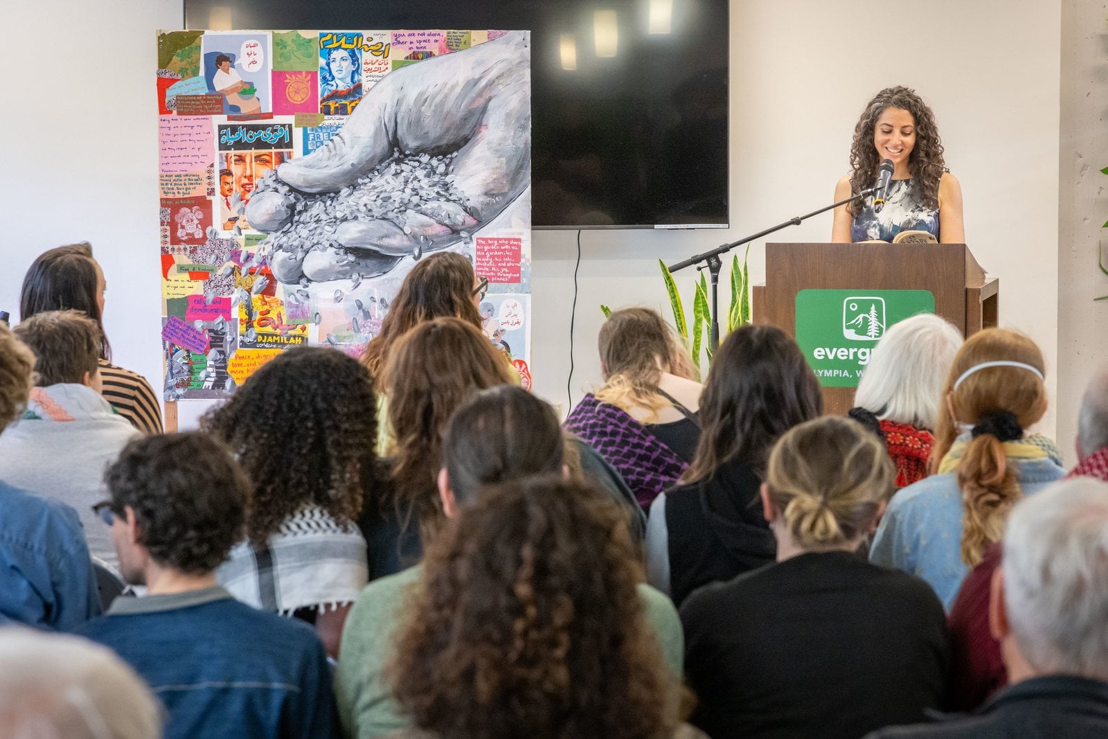 Diana Fakhoury, executive director of the Rachel Corrie Foundation, reads Rachel's writing at the memorial rededication ceremony at The Evergreen State College, April 10, 2026