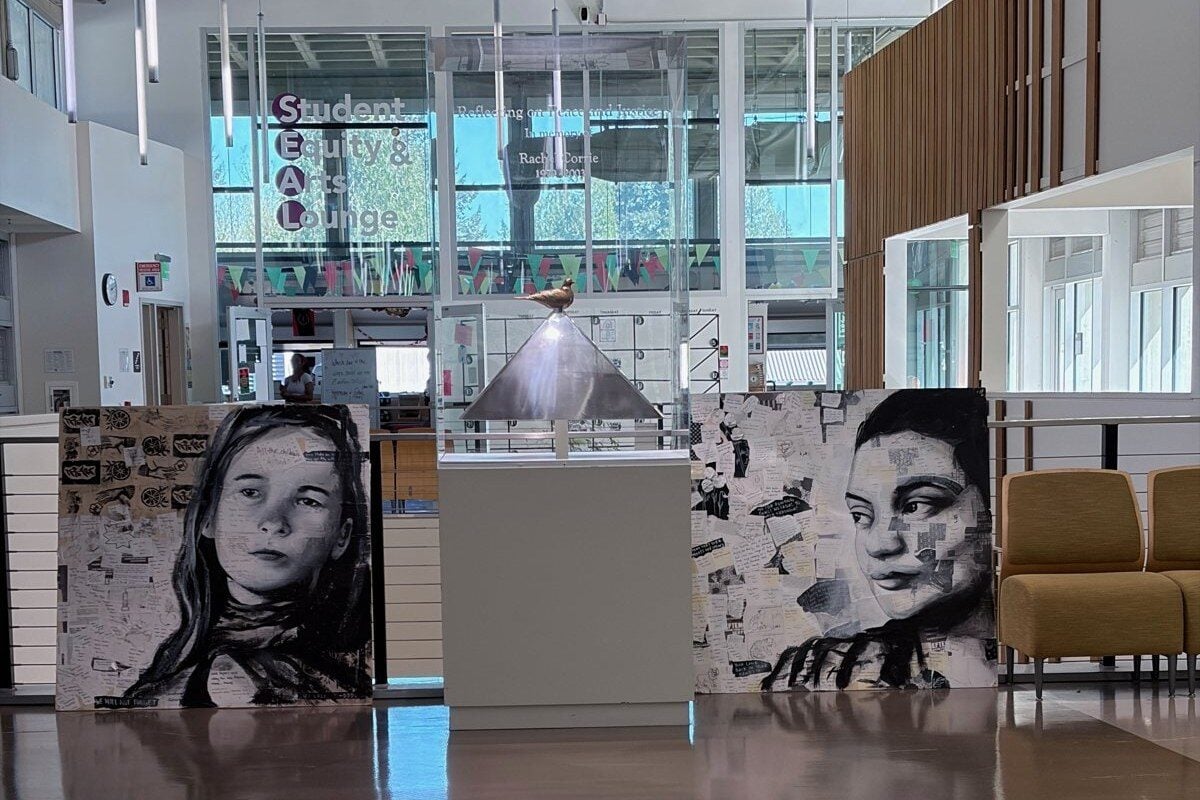 The Rachel Corrie memorial, rededicated April 10, 2026 — displayed between portraits of Rachel Corrie and Ayşenur Ezgi Eygi at The Evergreen State College