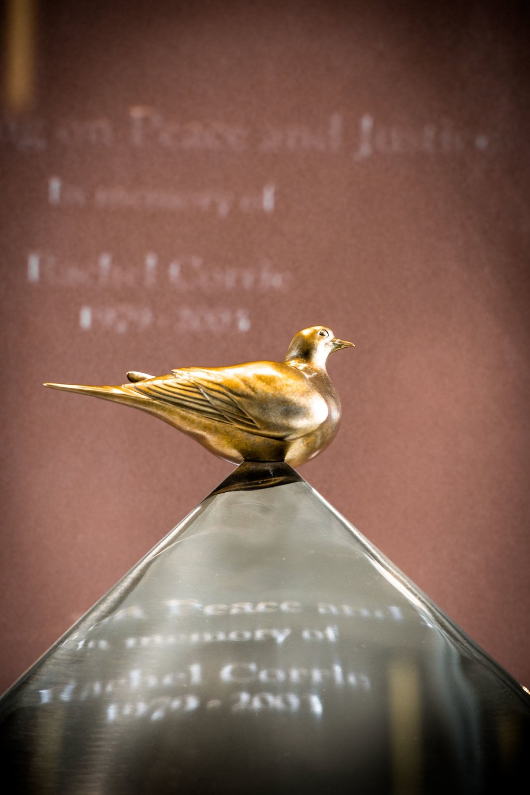 Bronze dove atop the polished steel peak of the Reflecting on Peace and Justice sculpture, with In memory of Rachel Corrie 1979-2003 engraved behind